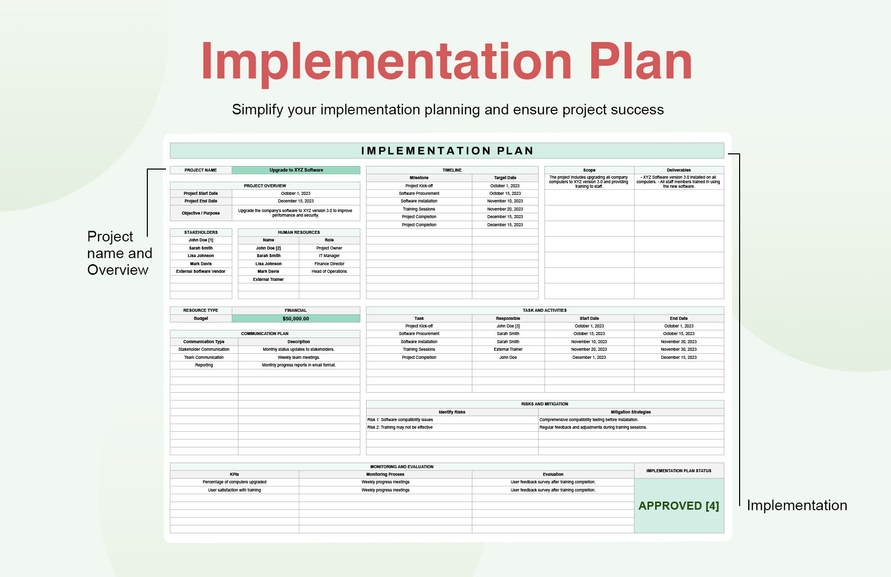 Implementation Plan Template in Excel, Google Sheets - Download ...