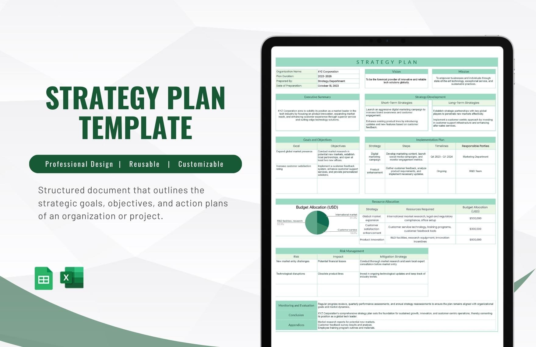 Strategy Plan Template in Excel, Google Sheets