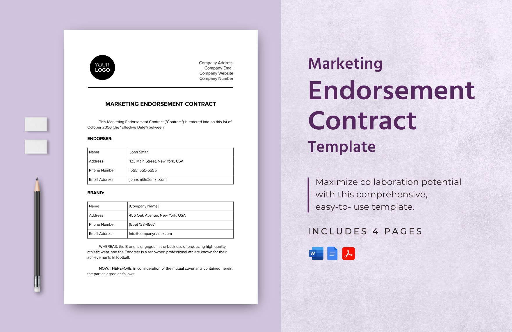 Marketing Endorsement Contract Template in Word, Google Docs, PDF
