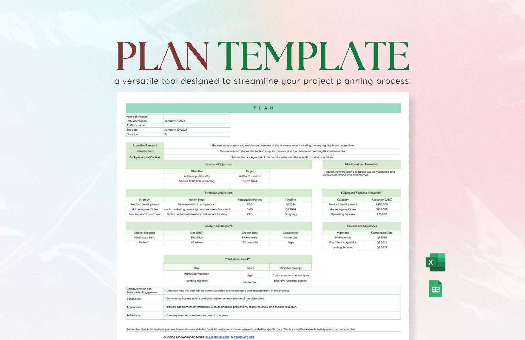 Free Plan Template in Excel, Google Sheets