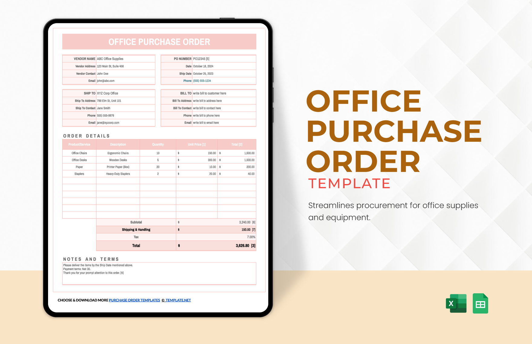 Free Office Purchase Order Template in Excel, Google Sheets