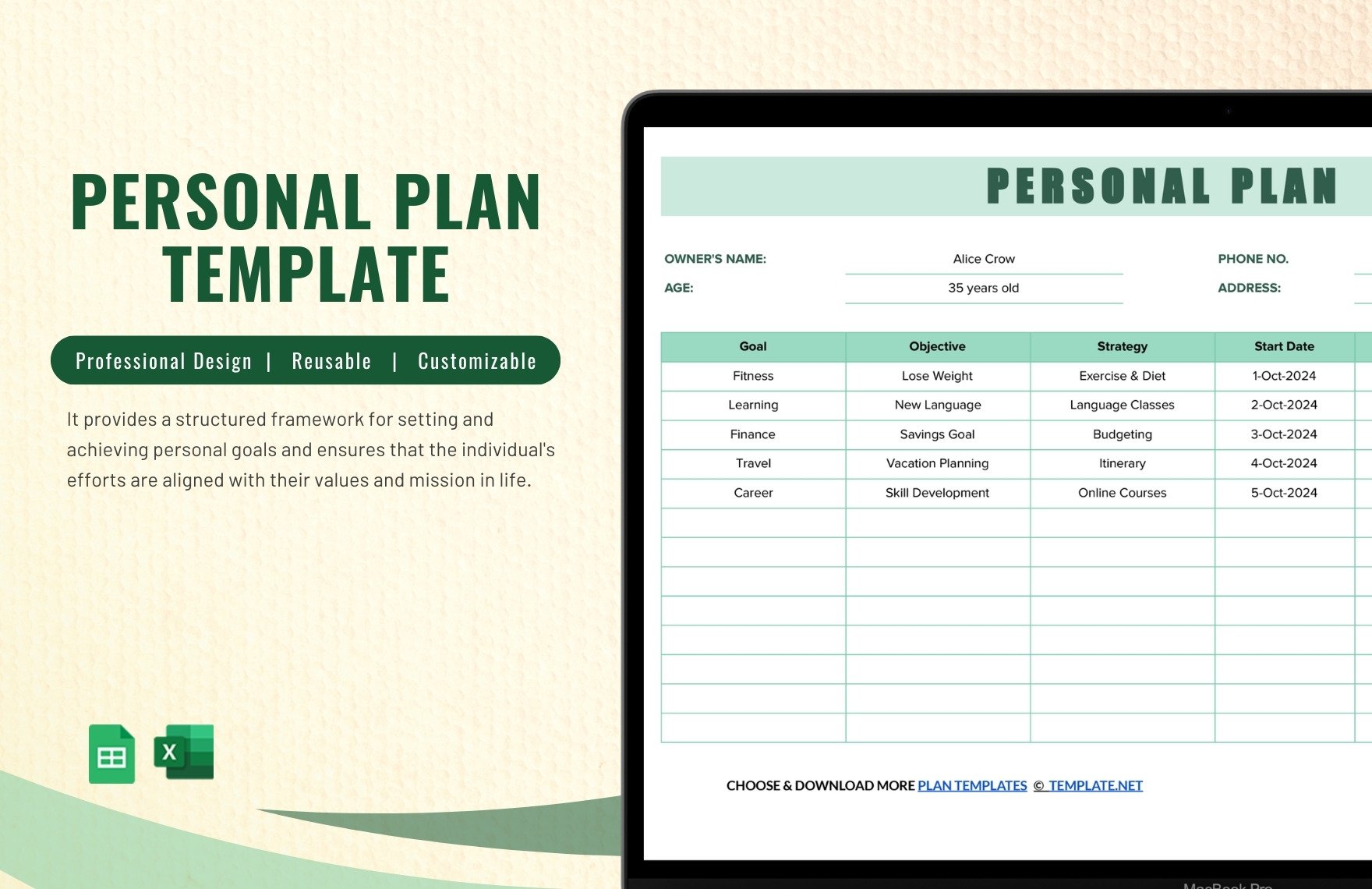 Free Personal Plan Template in Excel, Google Sheets