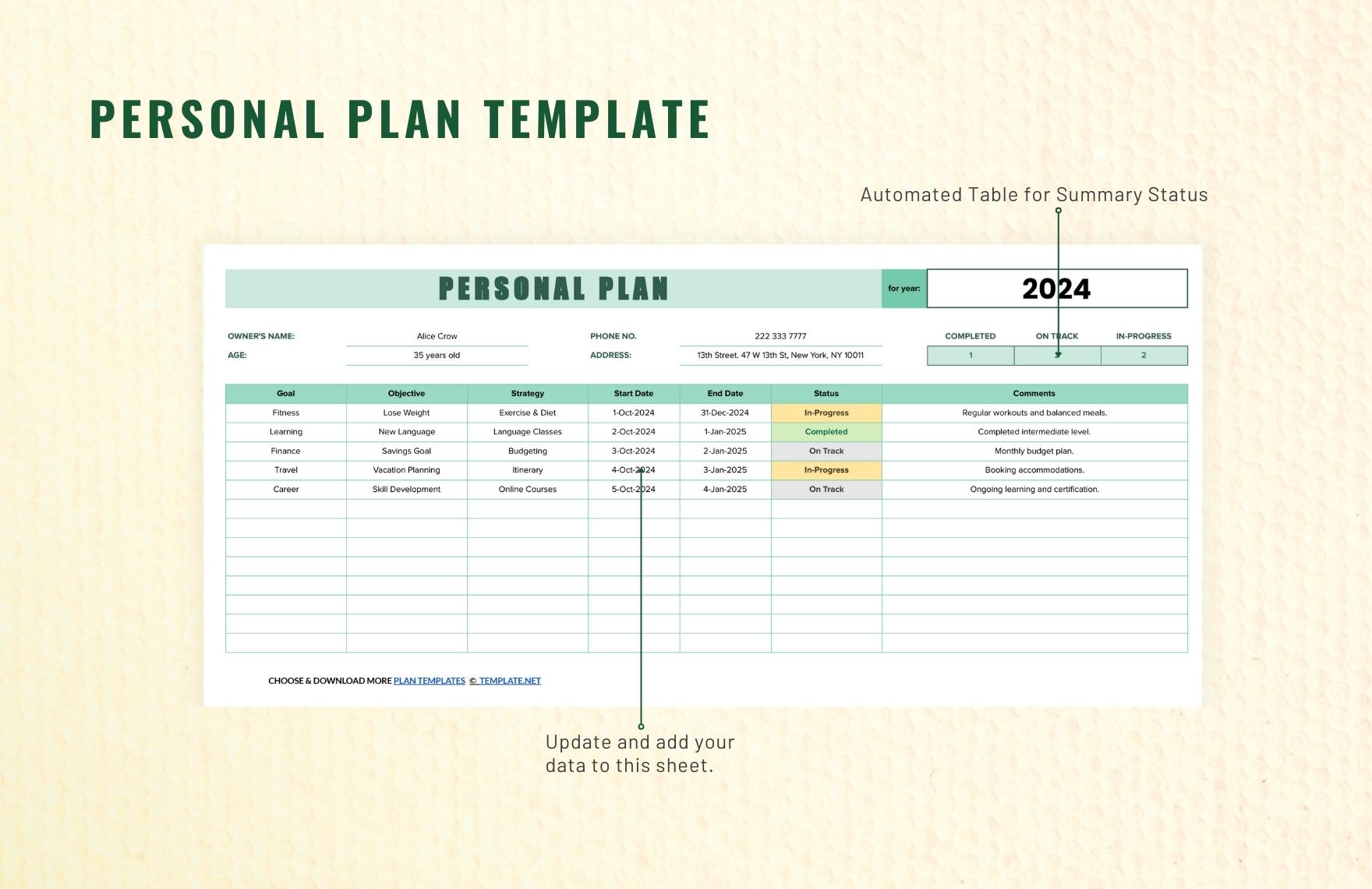 Personal Plan Template in Excel, Google Sheets - Download | Template.net