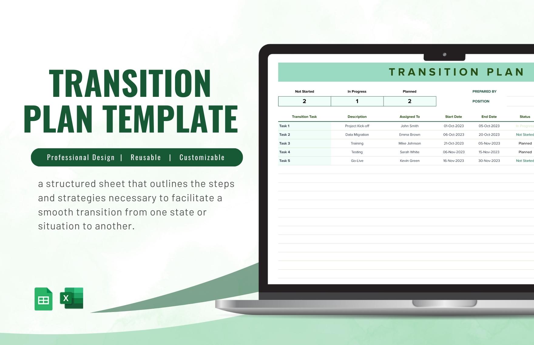 Transition Plan Template in Excel, Google Sheets