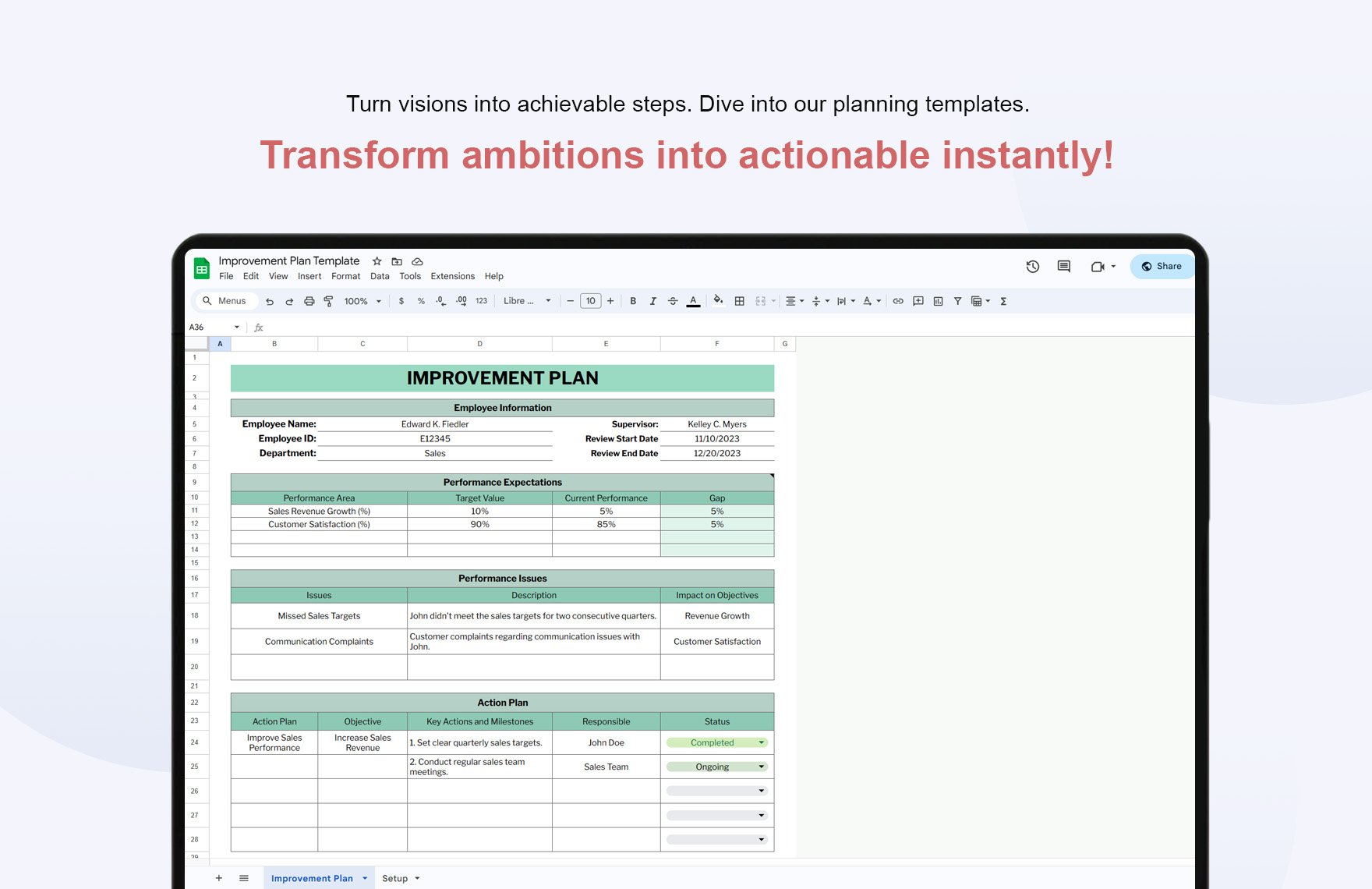 Improvement Plan Template in Excel, Google Sheets - Download | Template.net