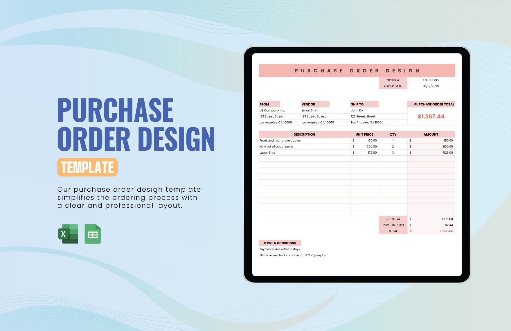 Free Purchase Order Design Template in Excel, Google Sheets