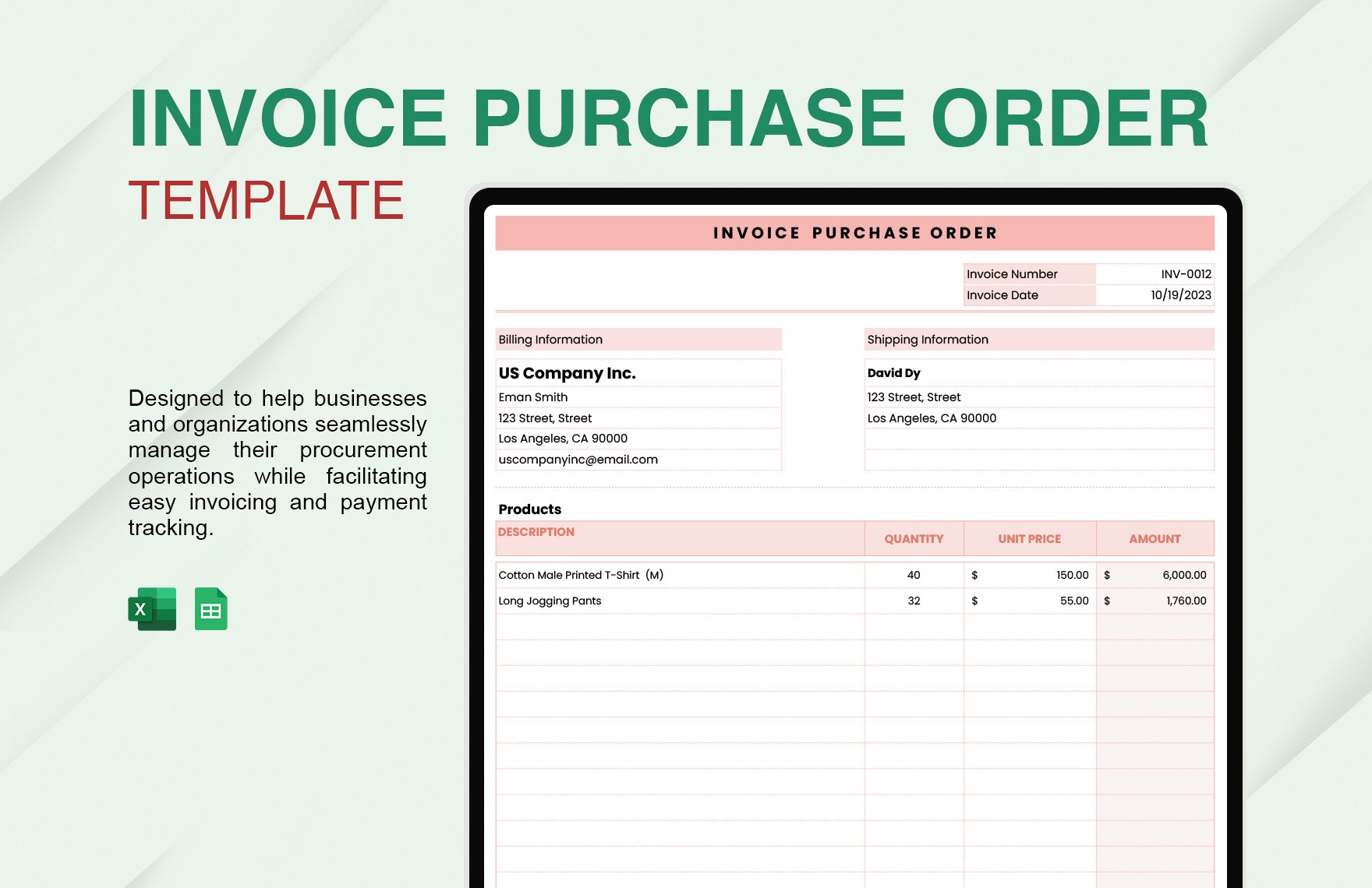 Free Invoice Purchase Order Template in Excel, Google Sheets