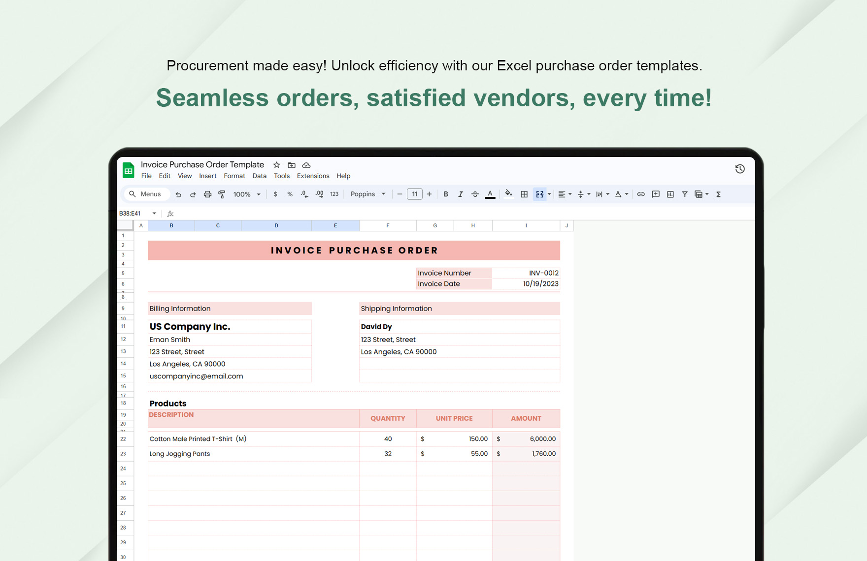 Invoice Purchase Order Template in Excel, Google Sheets - Download ...