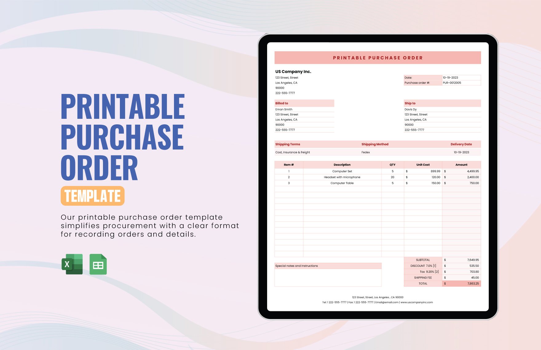 Free Printable Purchase Order Template in Excel, Google Sheets
