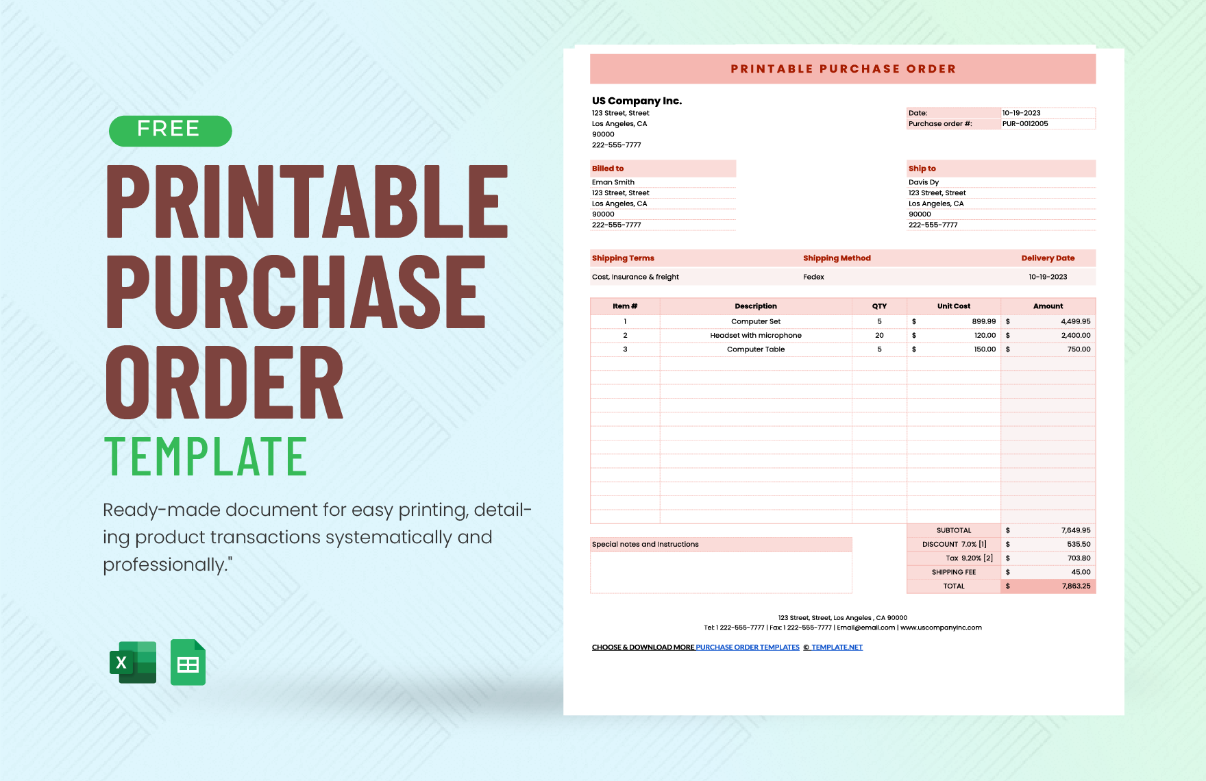 Printable Purchase Order Template