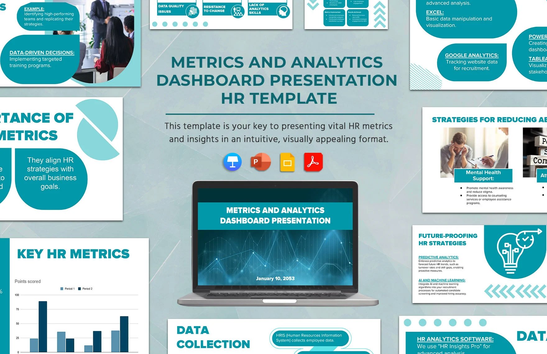 Metrics and Analytics Dashboard Presentation HR Template in PDF, PowerPoint, Google Slides, Apple Keynote