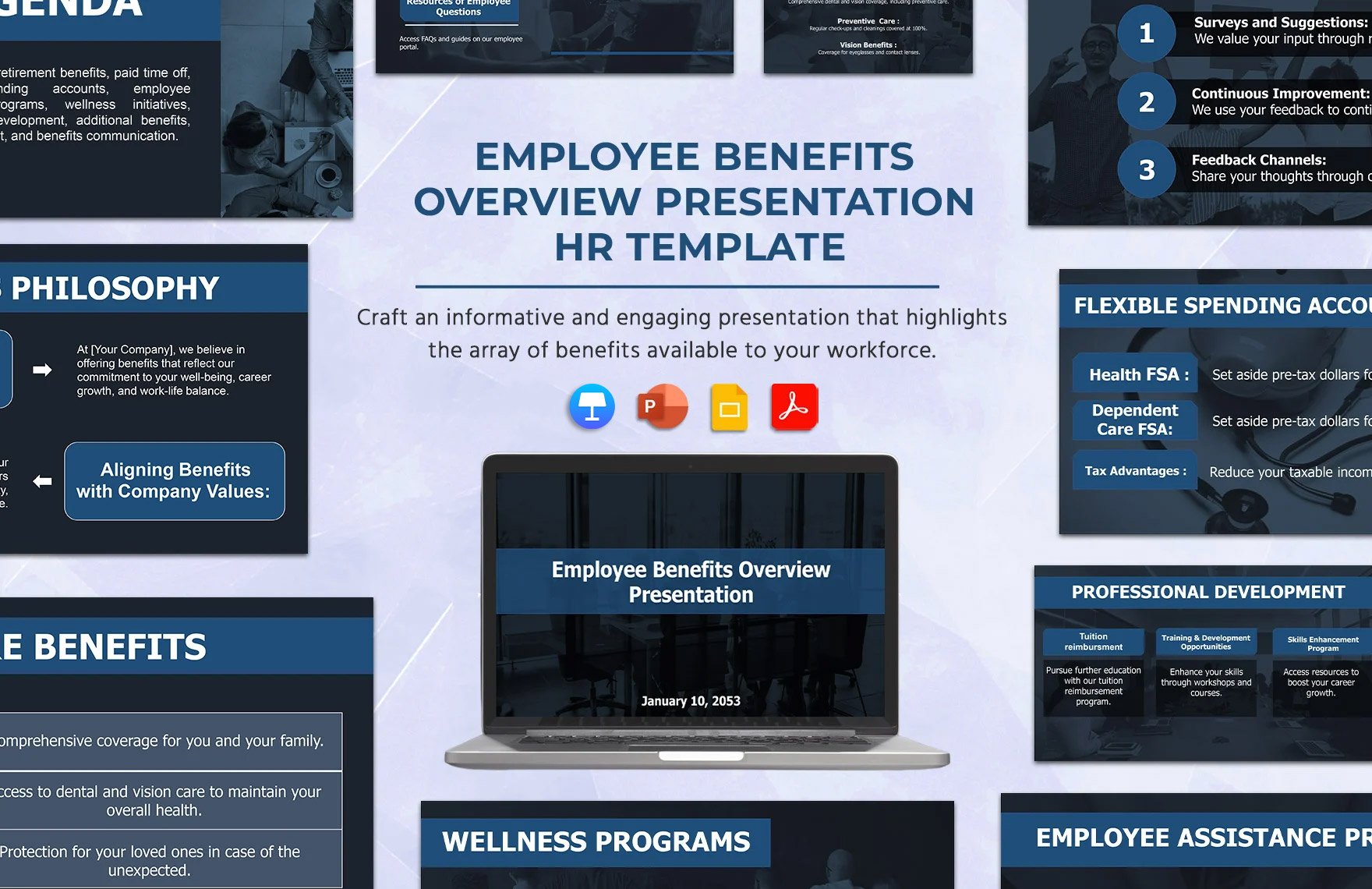 Employee Benefits Overview Presentation HR Template in PDF, PowerPoint, Google Slides, Apple Keynote
