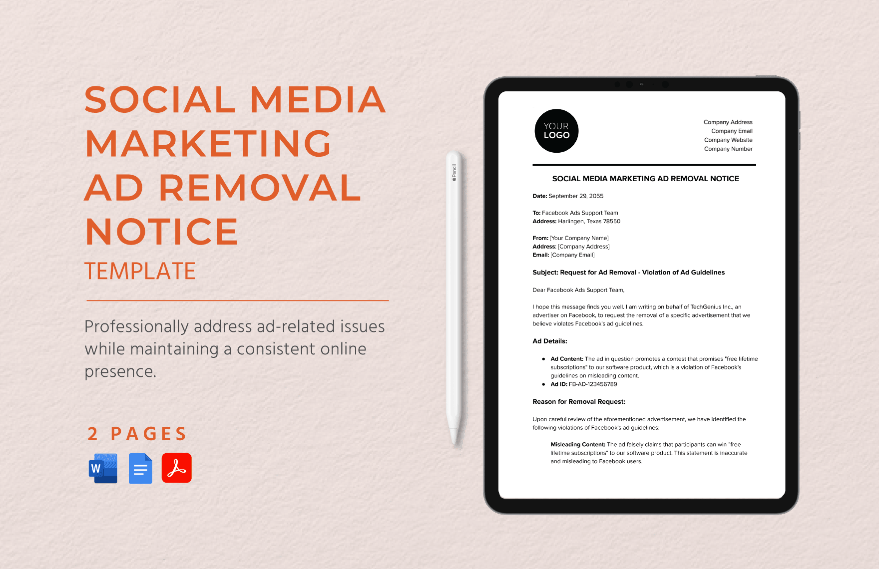 Social Media Marketing Ad Removal Notice Template in Word, Google Docs, PDF
