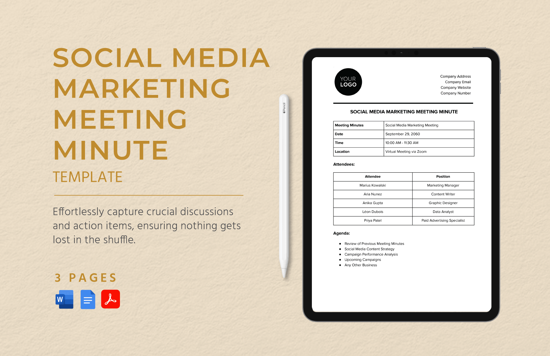 Social Media Marketing Meeting Minute Template in Word, Google Docs, PDF