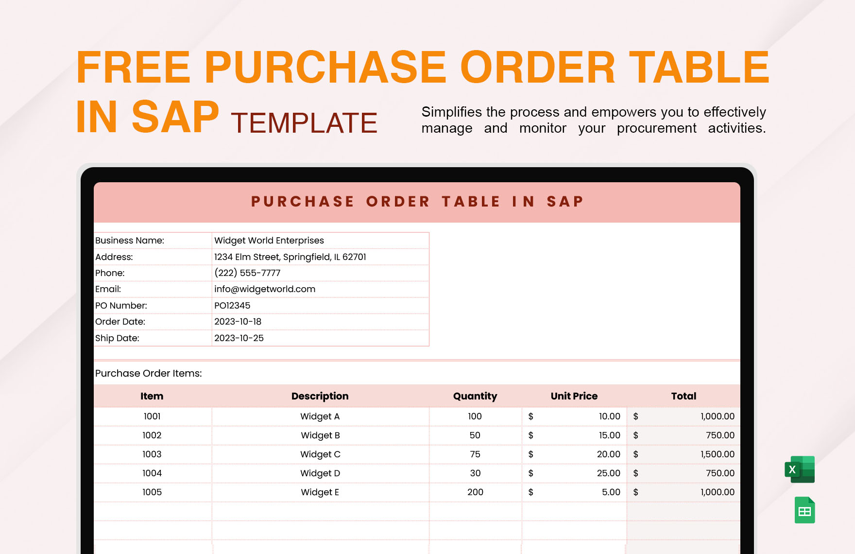 Purchase Order Table in Sap Template