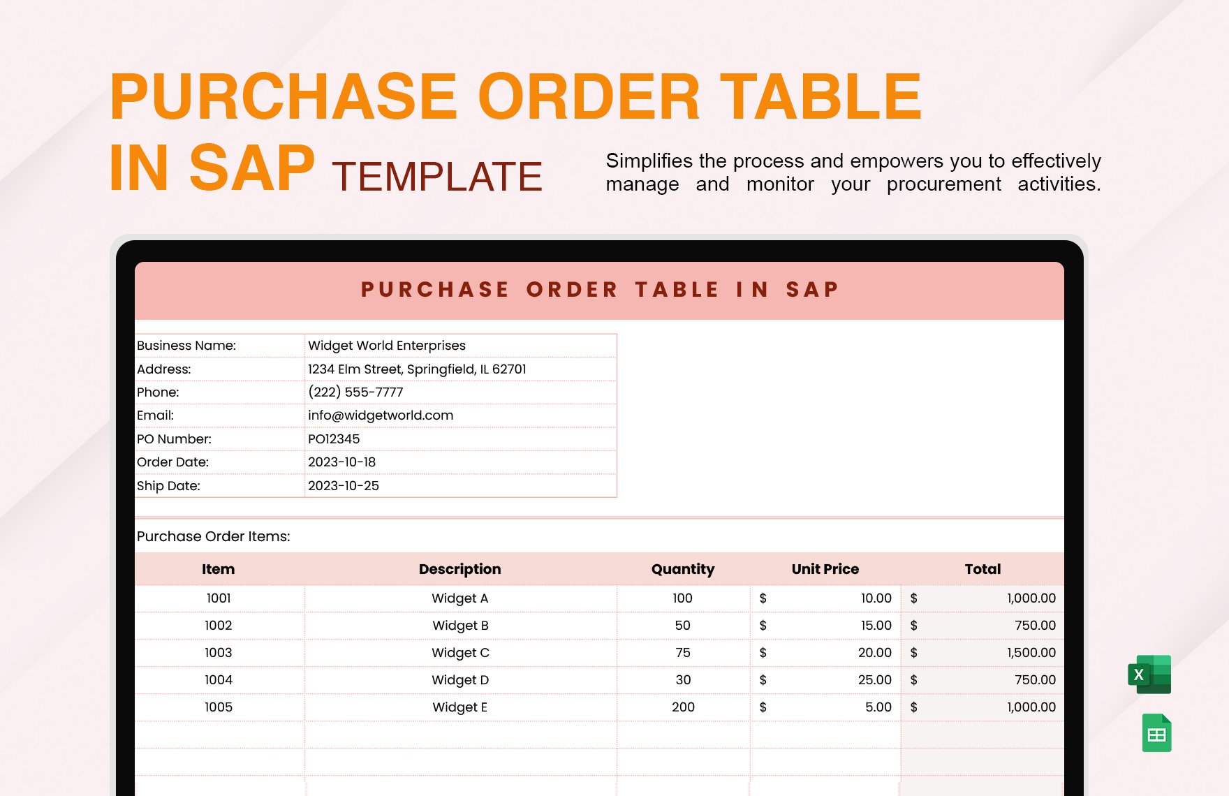 Purchase Order Table in Sap Template