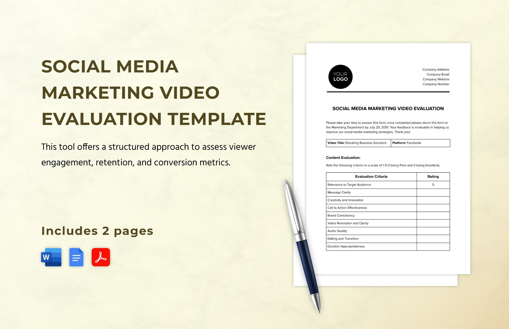 Social Media Marketing Video Evaluation Template in Word, Google Docs, PDF