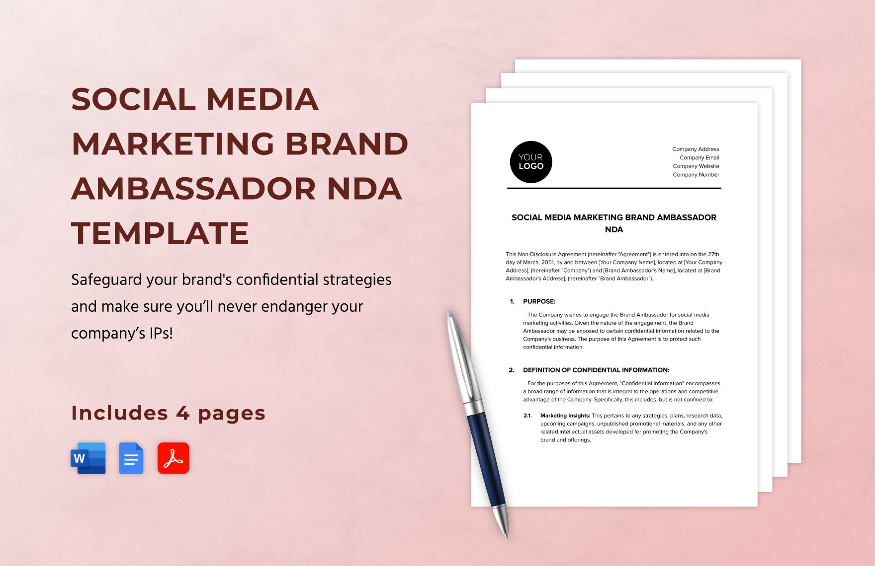 Social Media Marketing Brand Ambassador NDA Template in Word, Google Docs, PDF