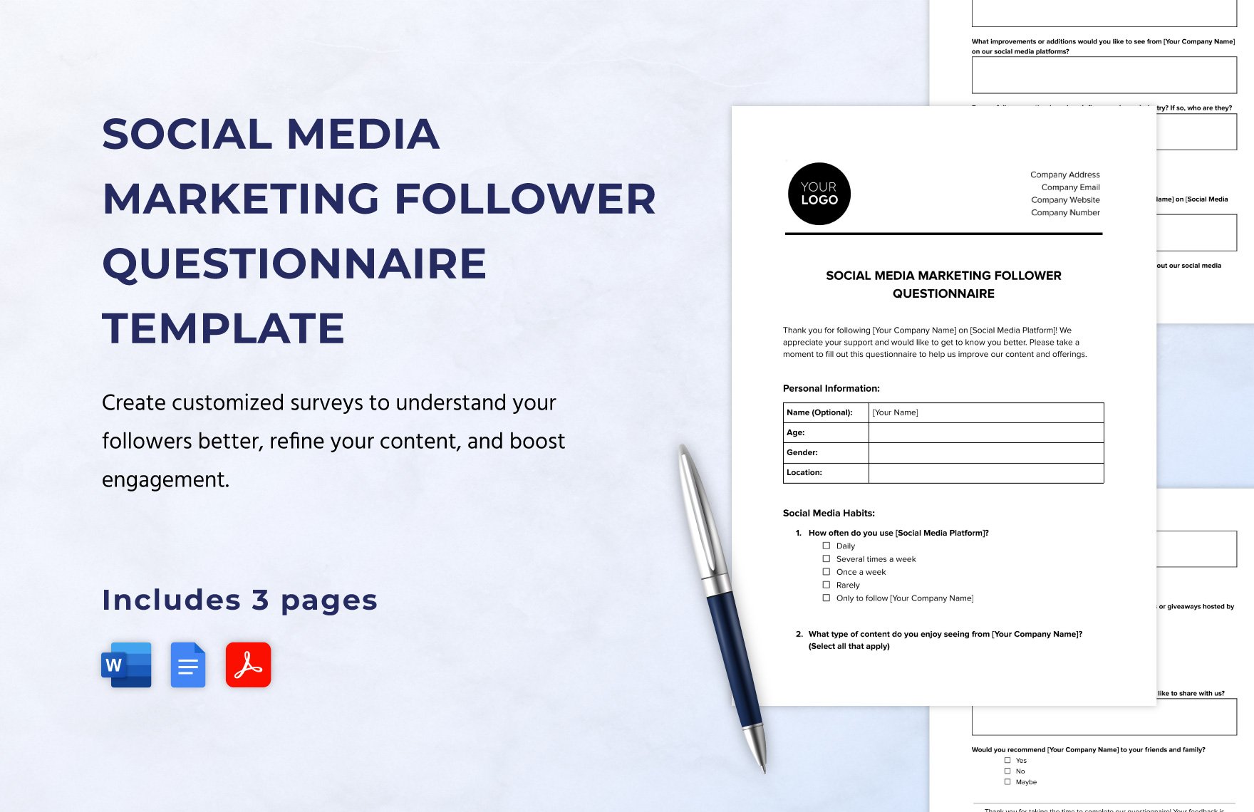 Social Media Marketing Follower Questionnaire Template in Word, Google Docs, PDF