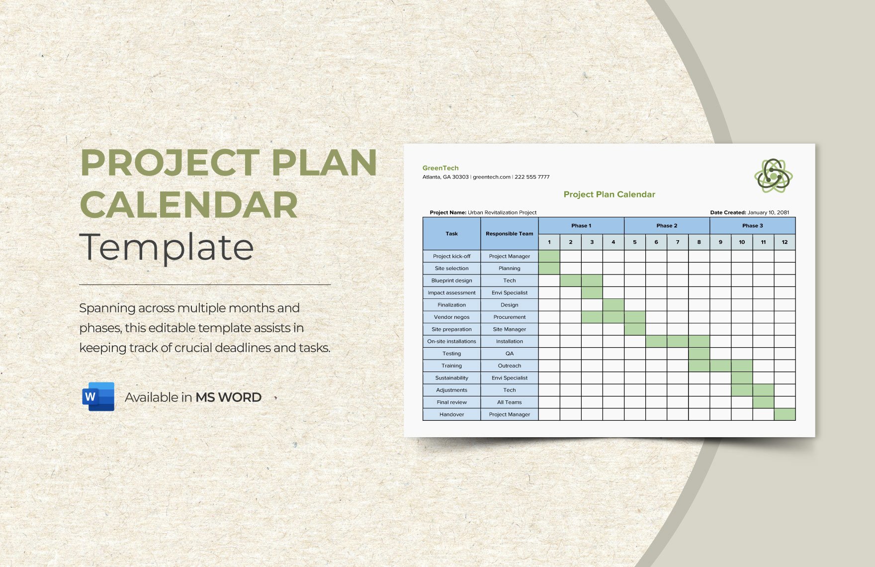 Project Plan Calendar Template
