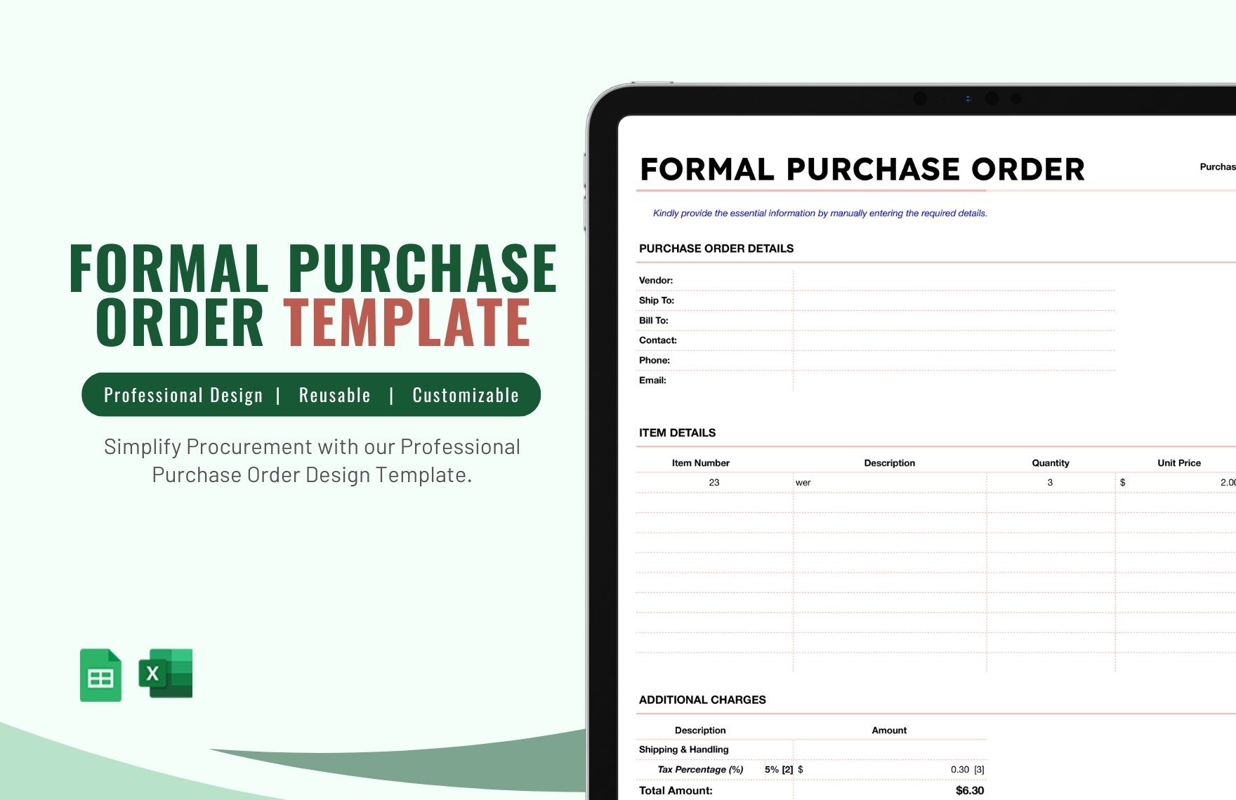 Free Formal Purchase Order Template in Excel, Google Sheets