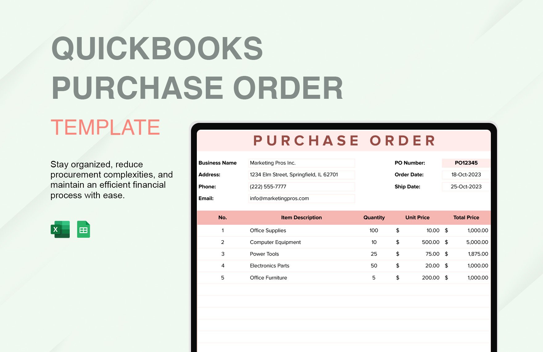Free Quickbooks Purchase Order Template in Excel, Google Sheets