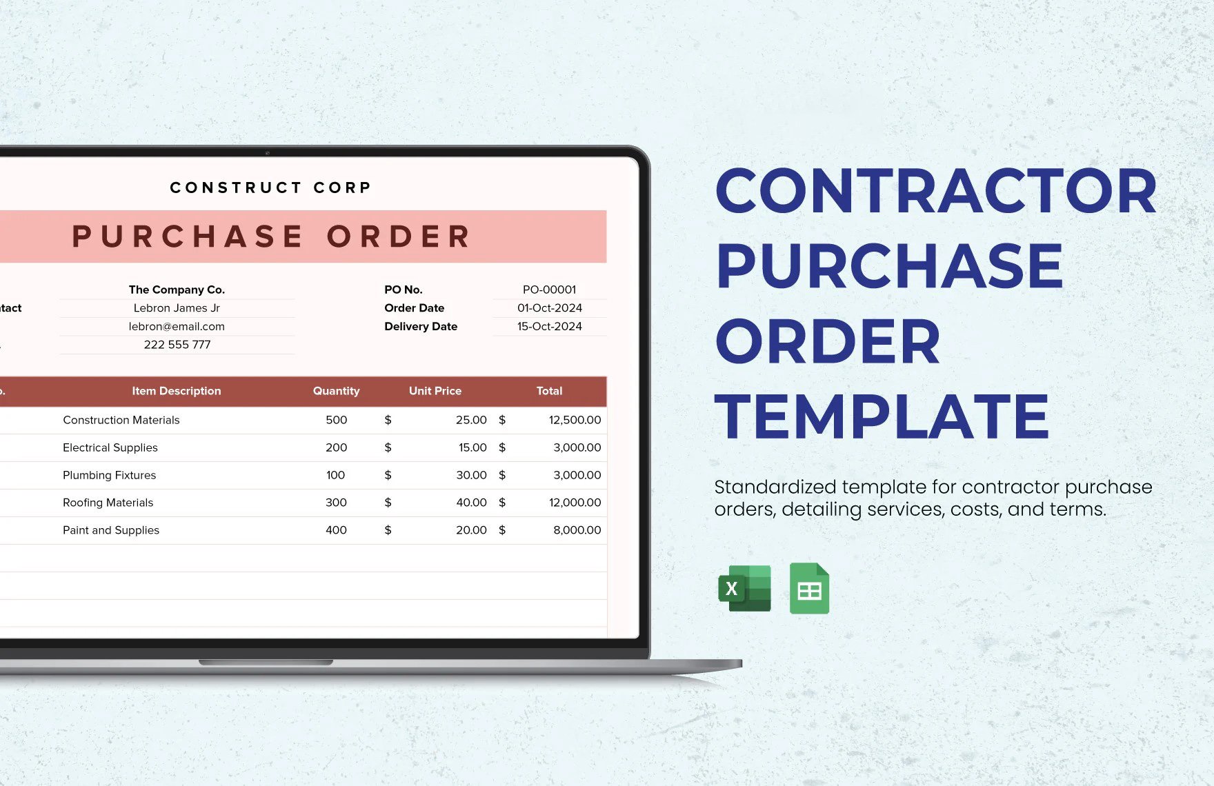 Free Contractor Purchase Order Template in Excel, Google Sheets