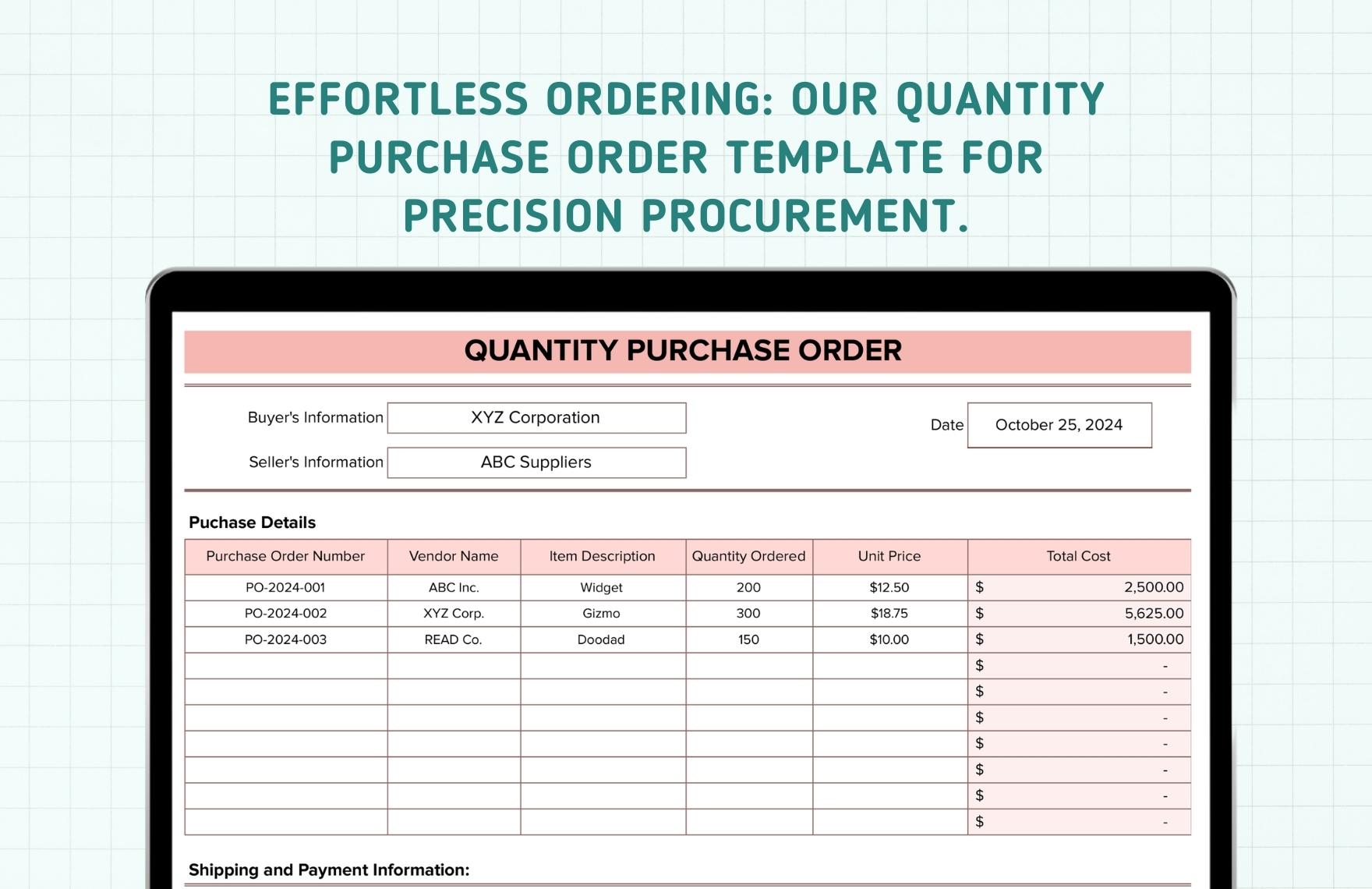 Quantity Purchase Order Template