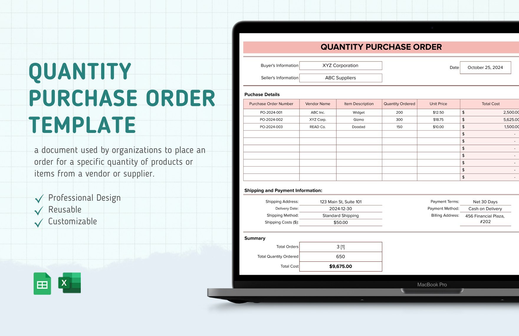 Quantity Purchase Order Template in Excel, Google Sheets