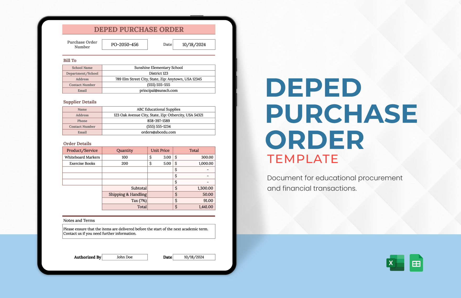 Free Deped Purchase Order Template in Excel, Google Sheets