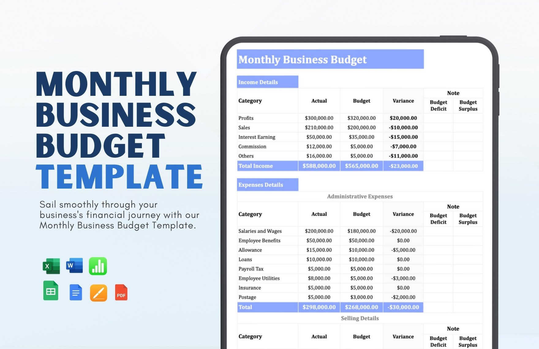 Monthly Business Budget Template