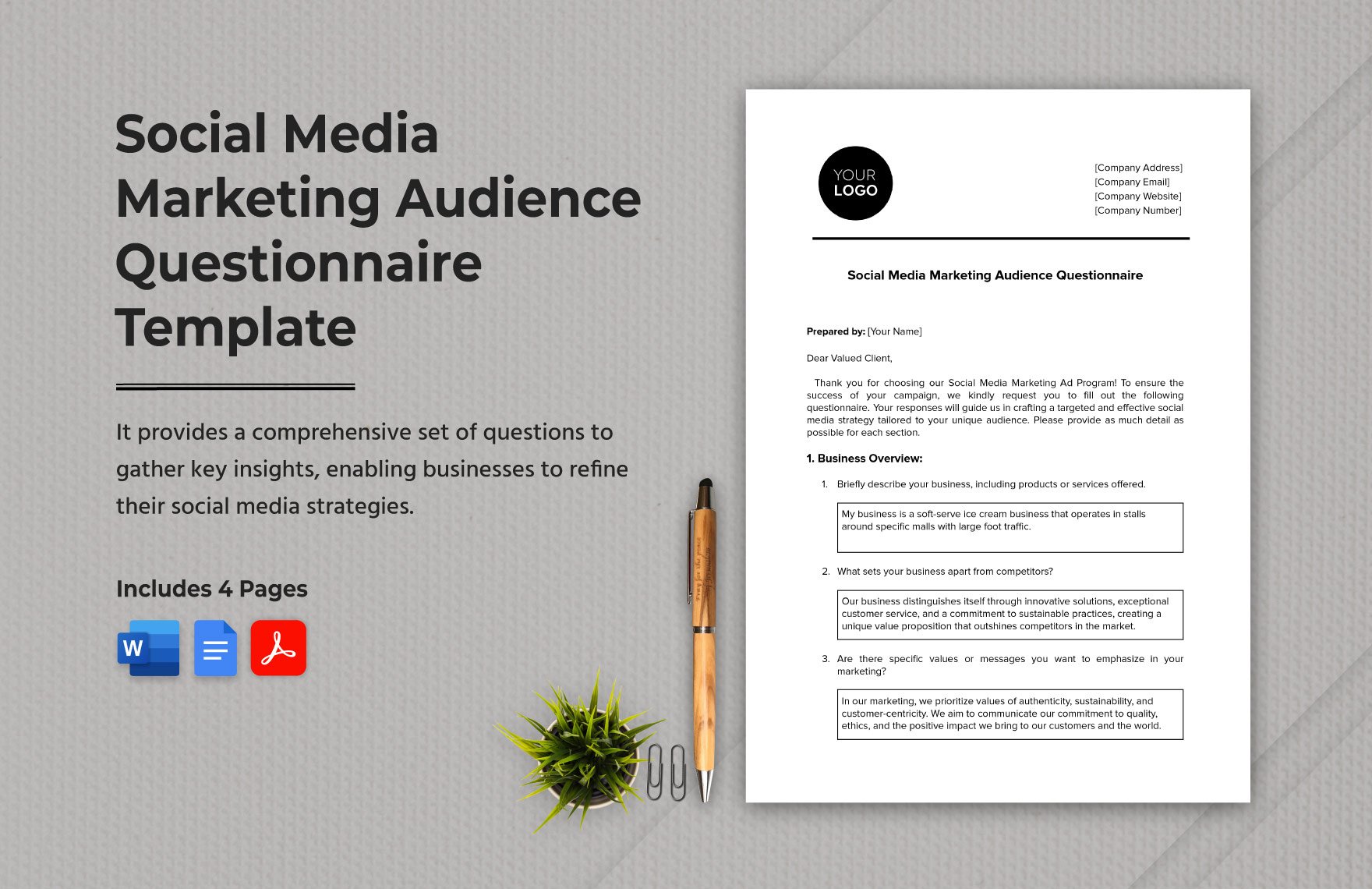 Social Media Marketing Audience Questionnaire Template in Word, Google Docs, PDF