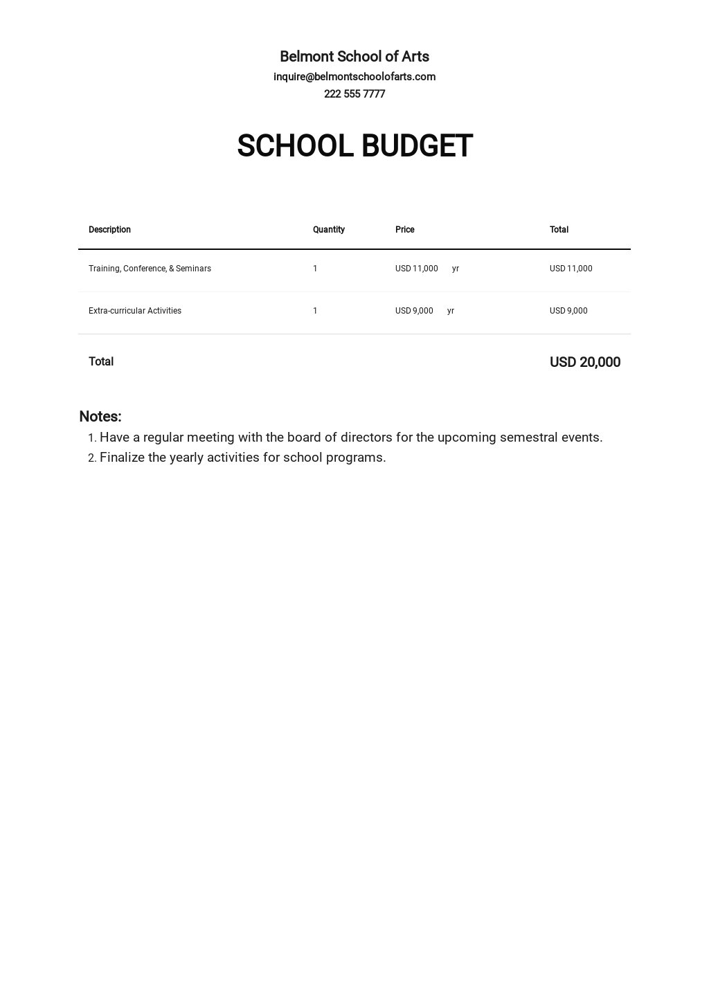School Budget Template - Google Docs, Google Sheets, Excel, Word