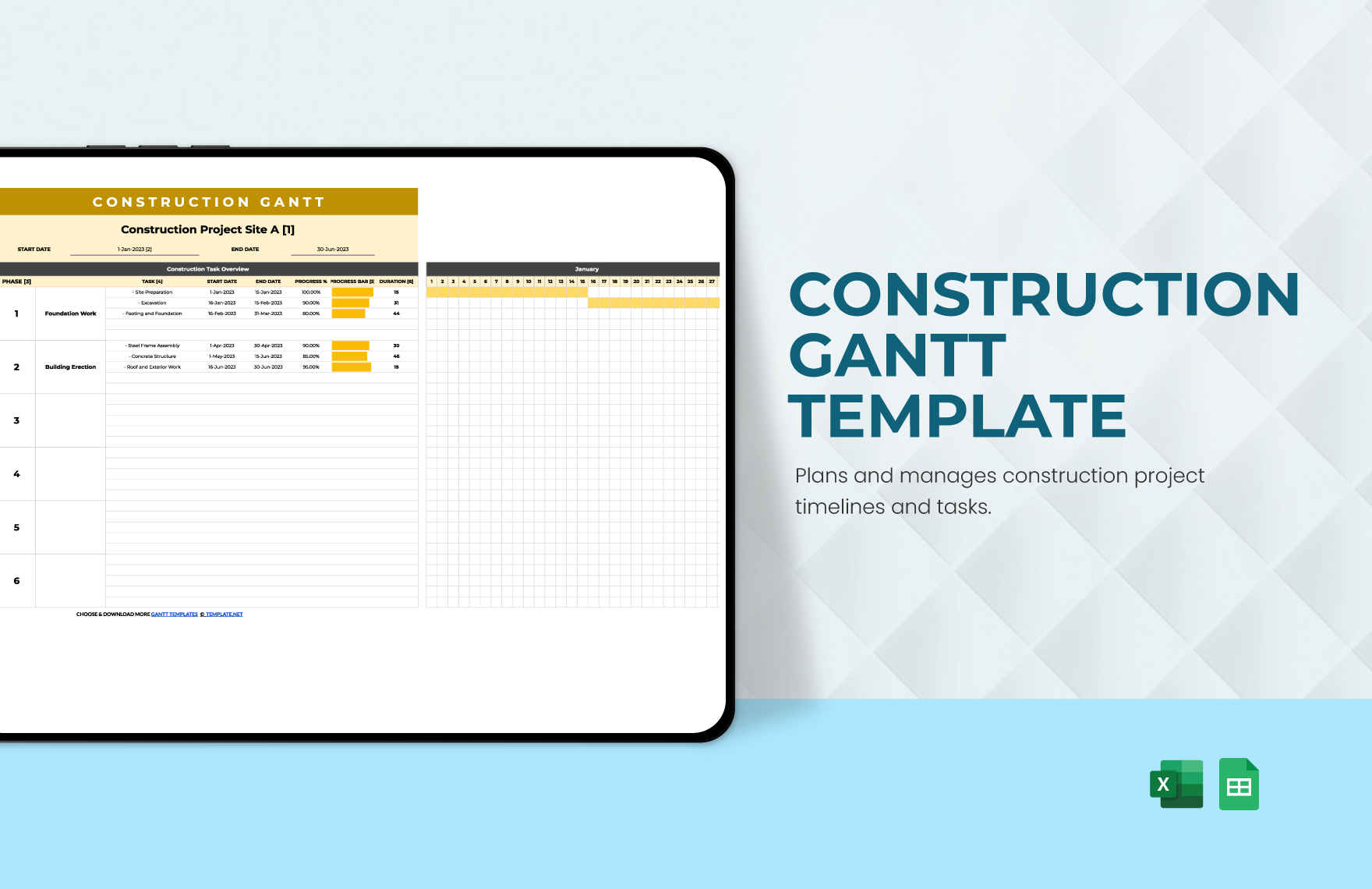 Free Construction Gantt Template in Excel, Google Sheets