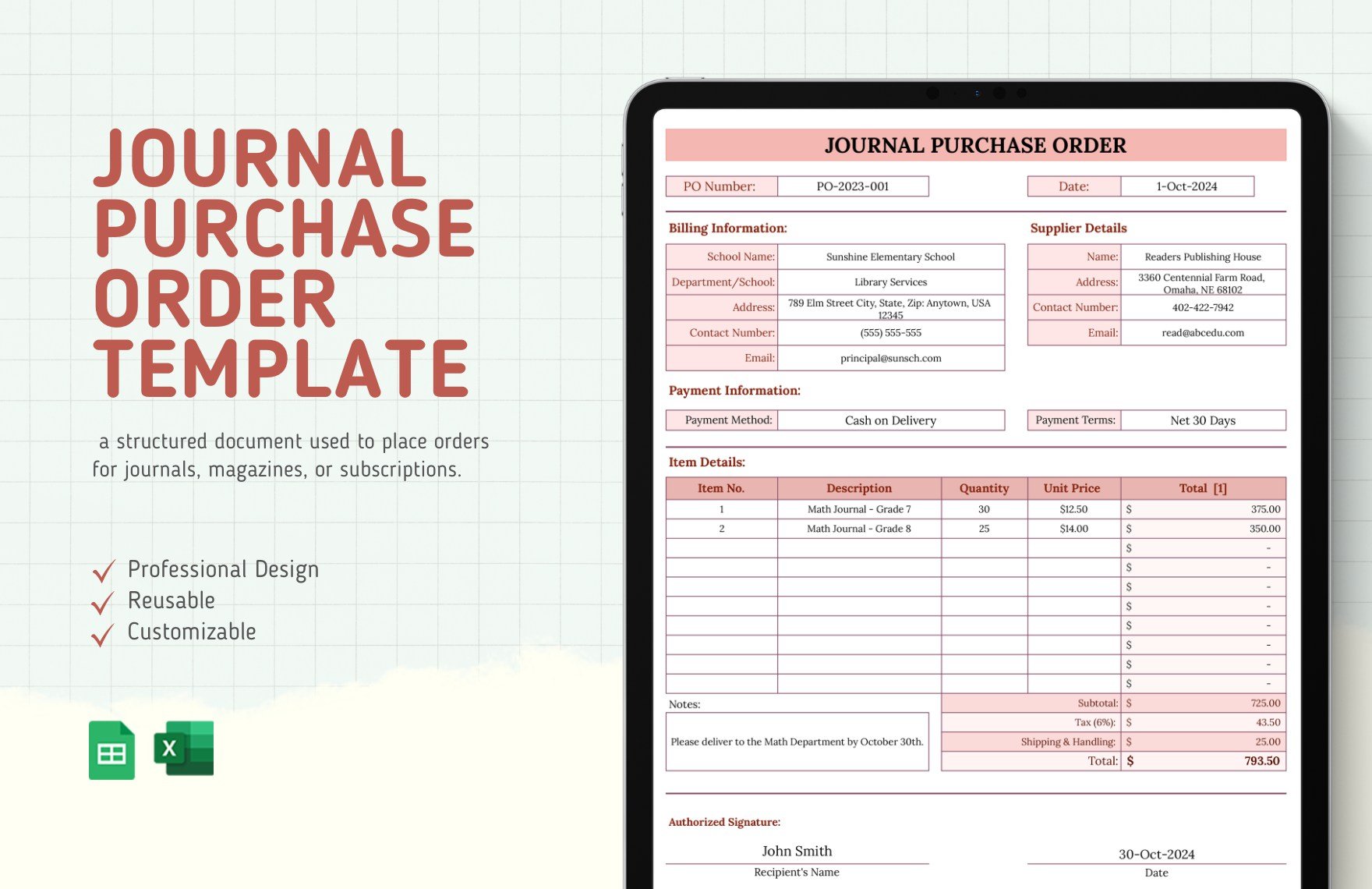 Free Journal Purchase Order Template in Excel, Google Sheets