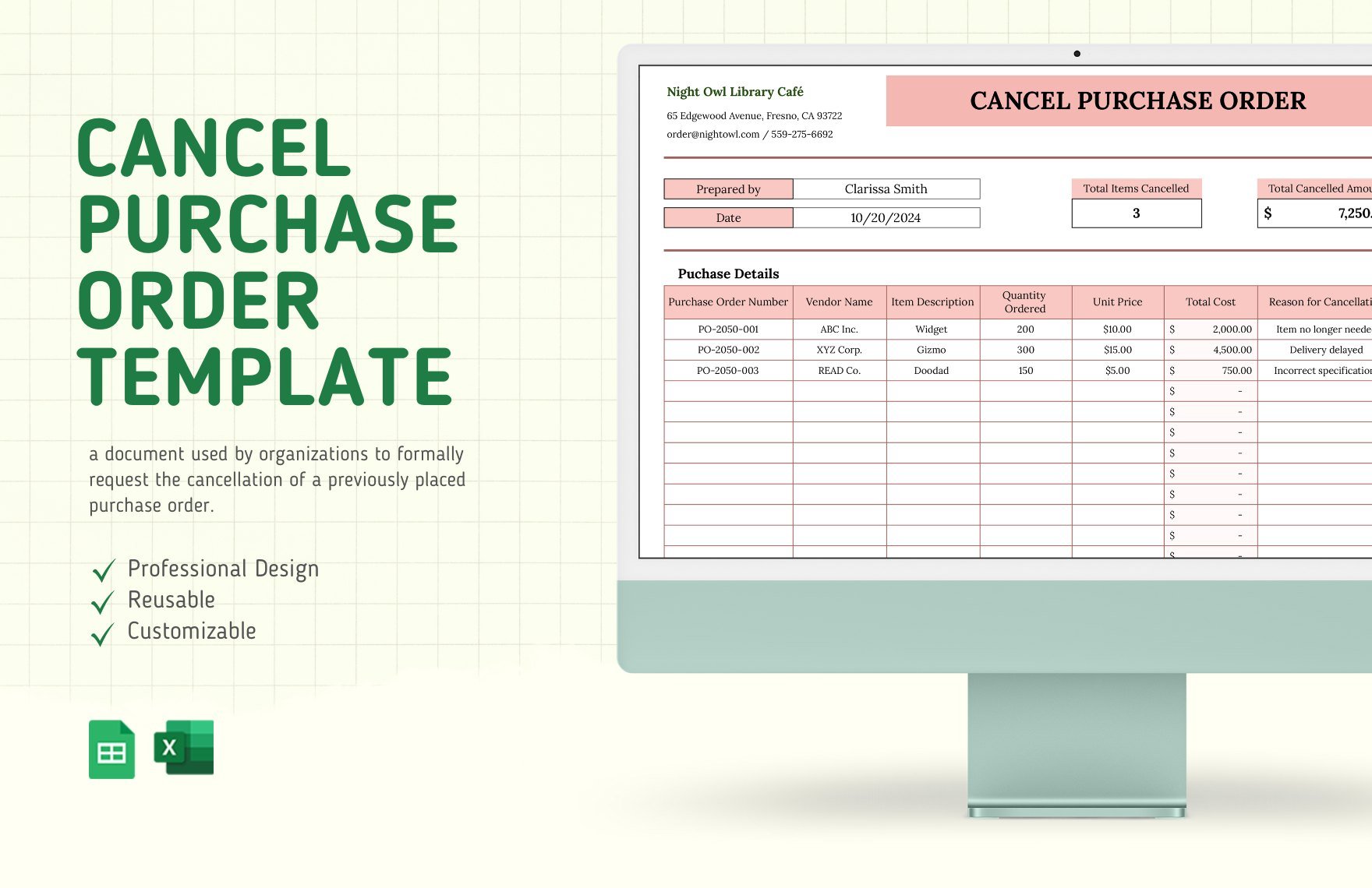 Free Cancel Purchase Order Template in Excel, Google Sheets