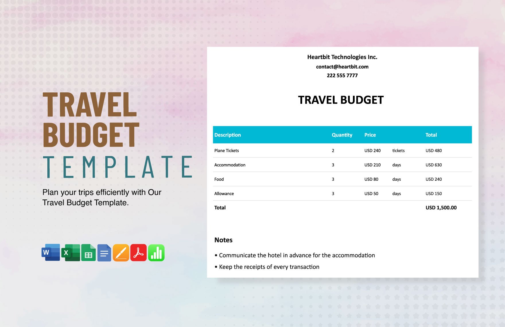 Sample Travel Budget Template in Word, Google Docs, Excel, PDF, Google Sheets, Apple Pages, Apple Numbers