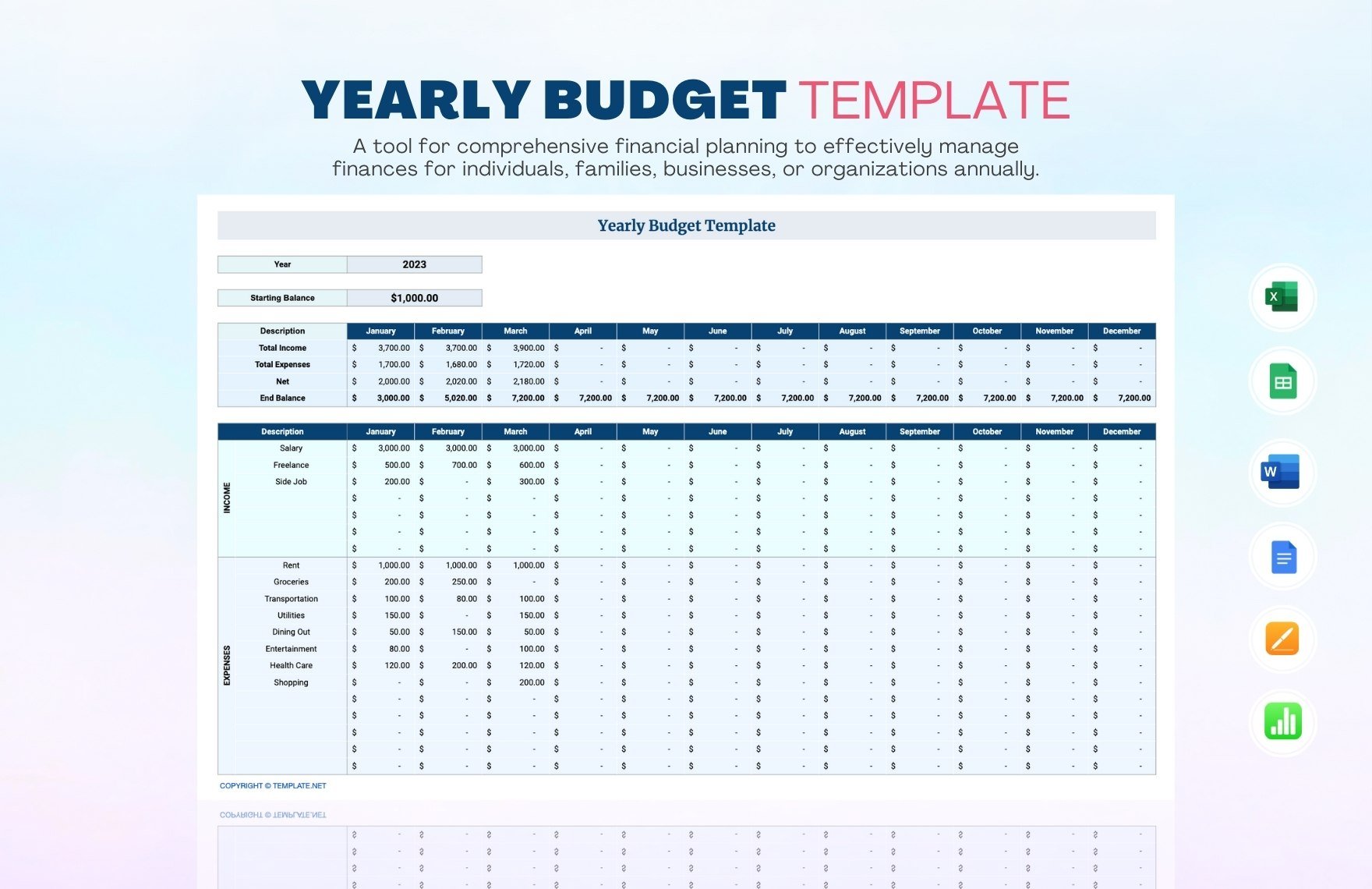Yearly Budget Template in Word, Google Docs, Excel, Google Sheets, Apple Pages, Apple Numbers