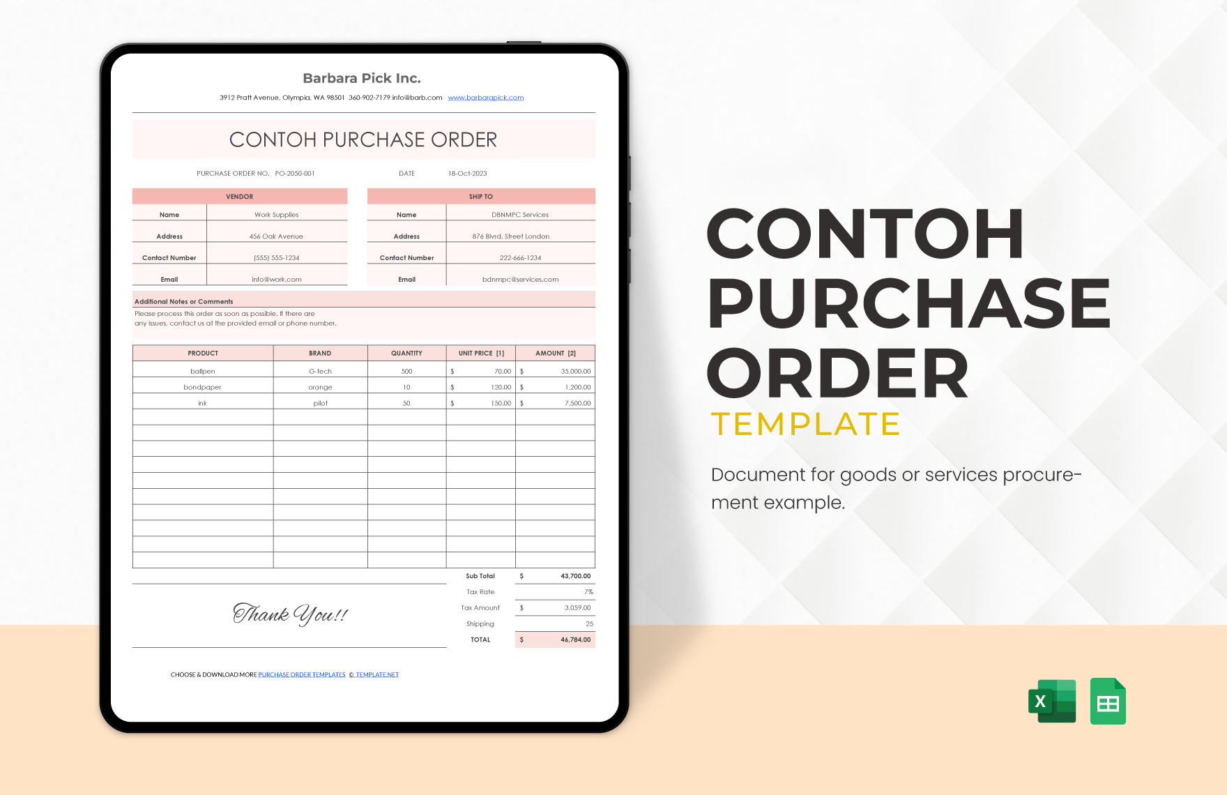 Free Contoh Purchase Order Template in Excel, Google Sheets