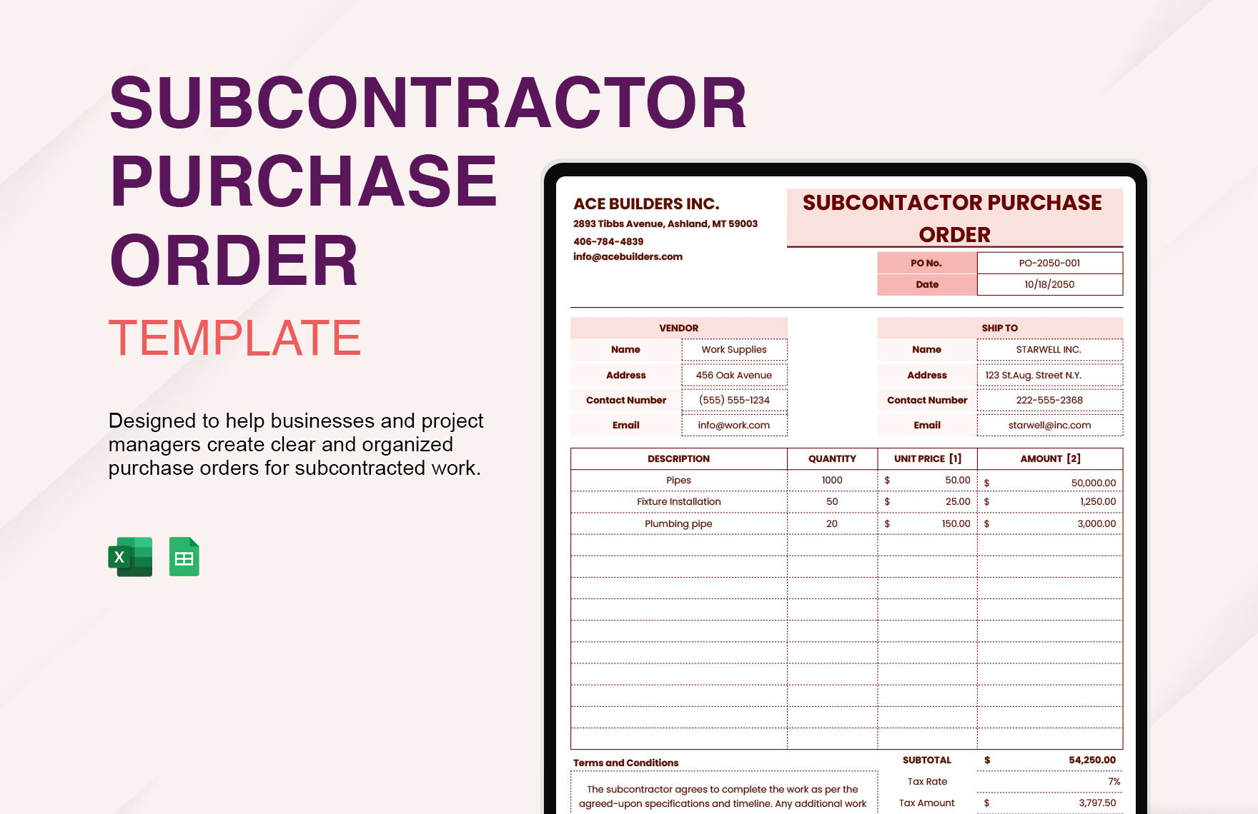 Subcontractor Purchase Order Template