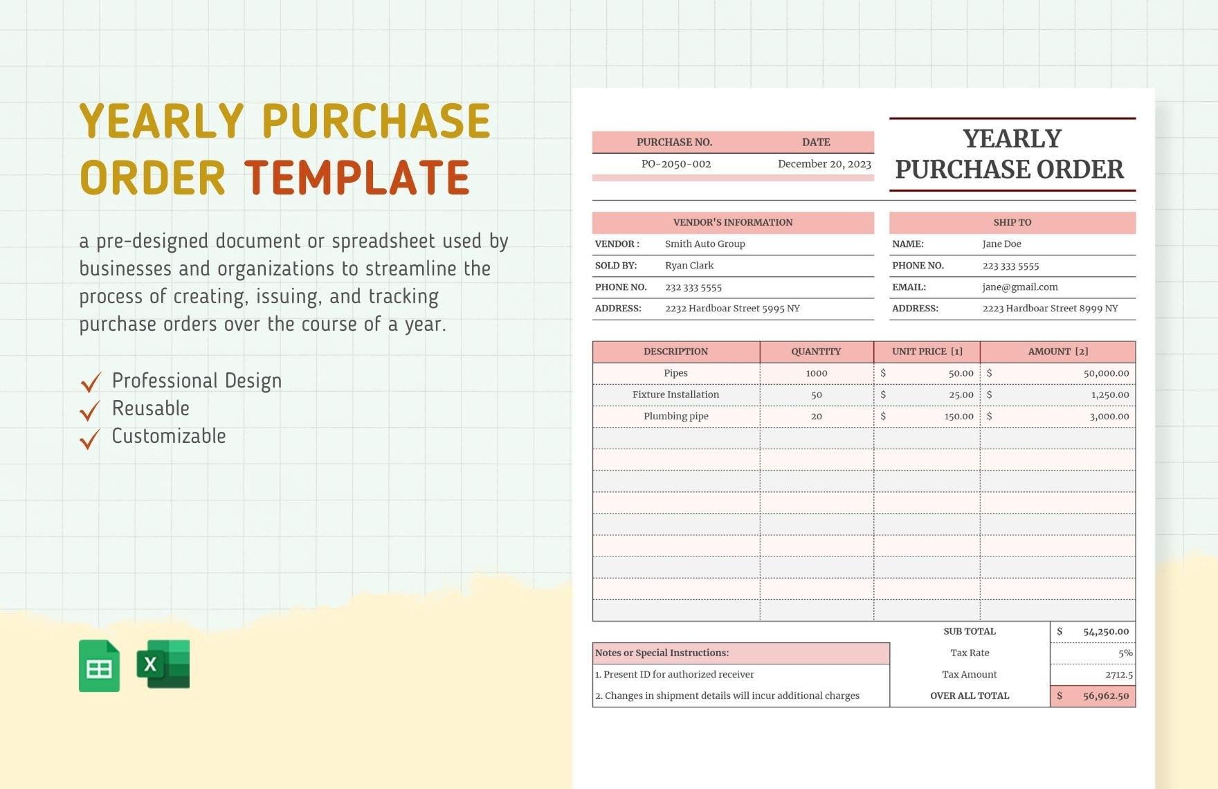 Yearly Purchase Order Template