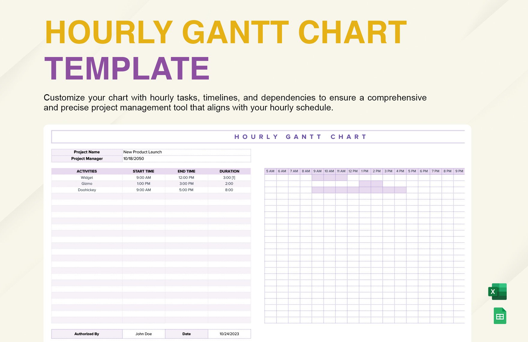 Free Hourly Gantt Chart Template in Excel, Google Sheets