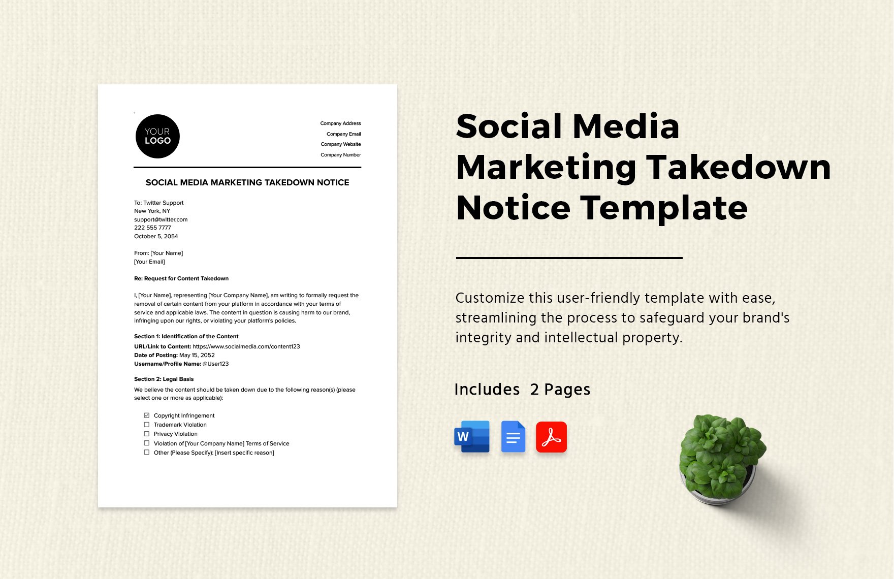 Social Media Marketing Takedown Notice Template in Word, Google Docs, PDF