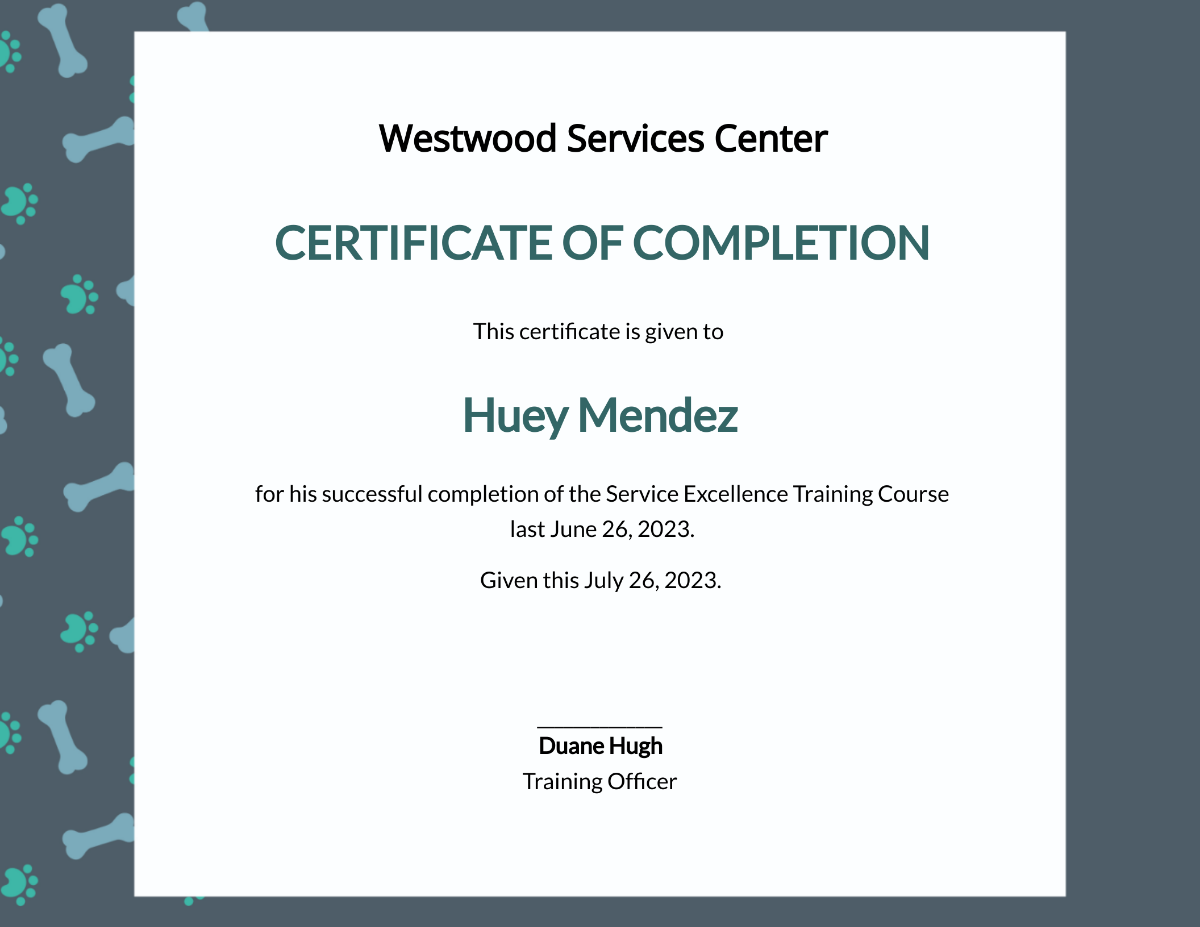 Service Training Certificate Template