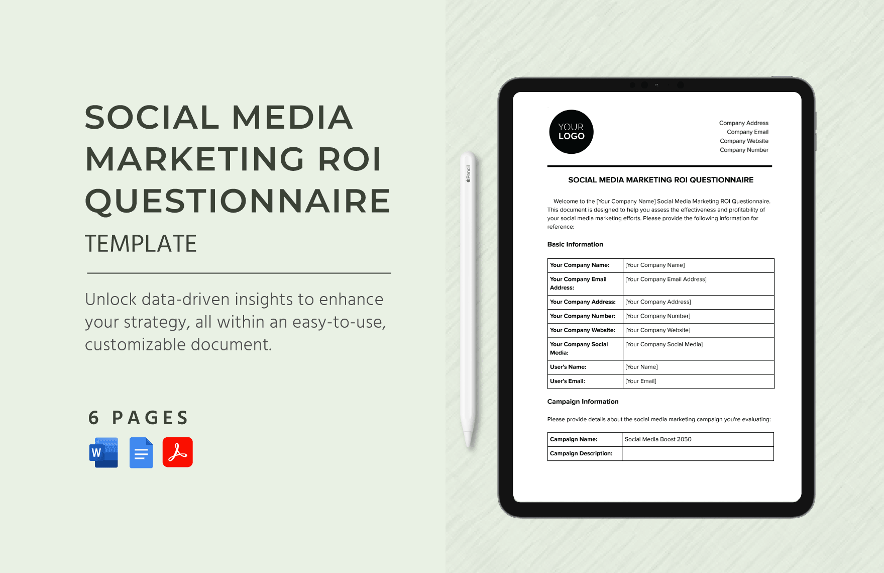 Social Media Marketing ROI Questionnaire Template in Word, Google Docs, PDF