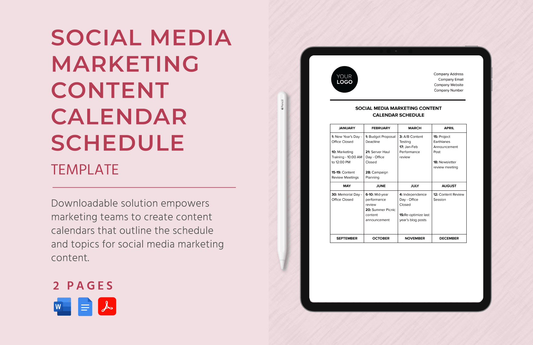 Social Media Marketing Content Calendar Schedule Template