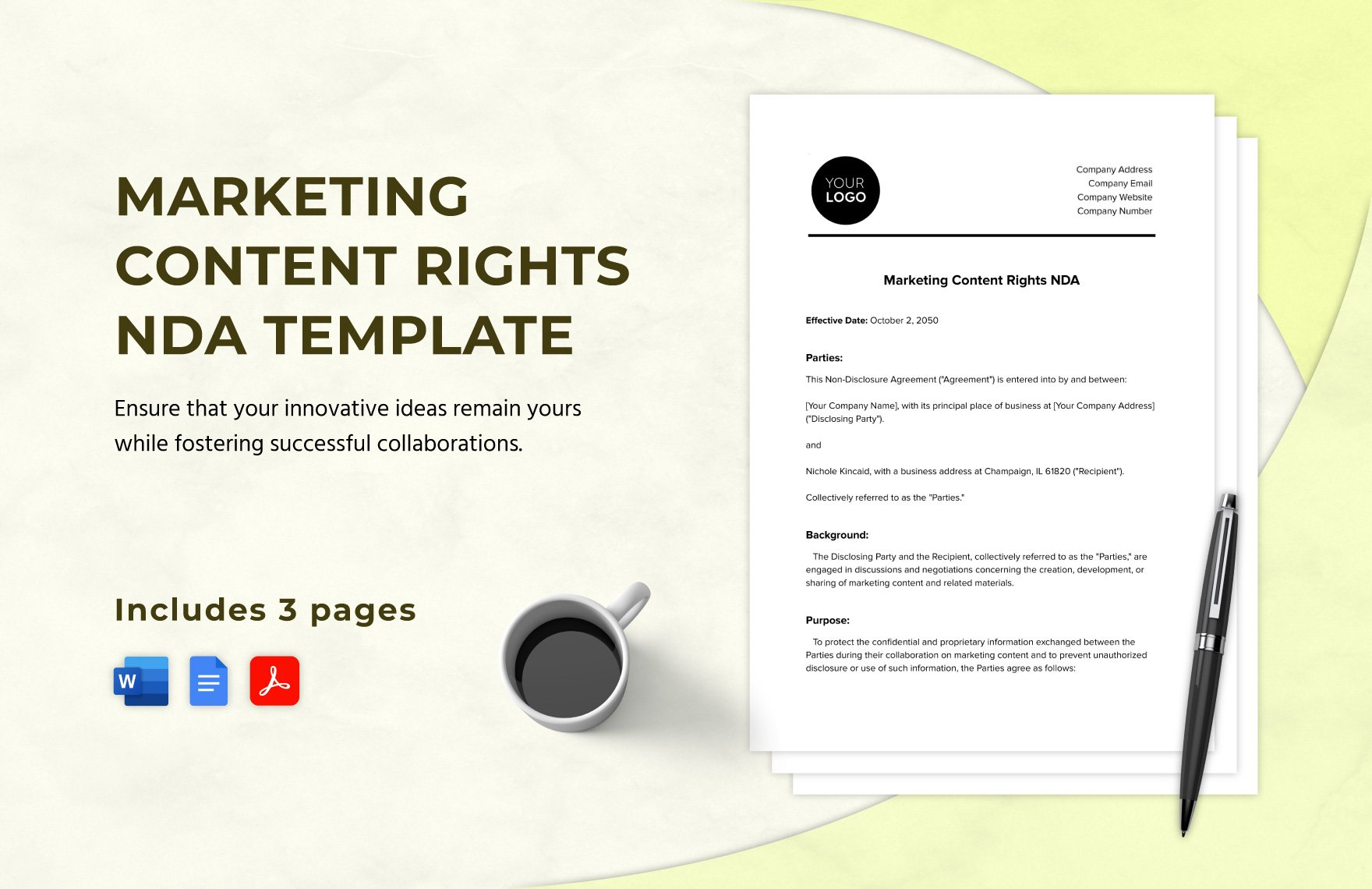 Marketing Content Rights NDA Template in Word, Google Docs, PDF