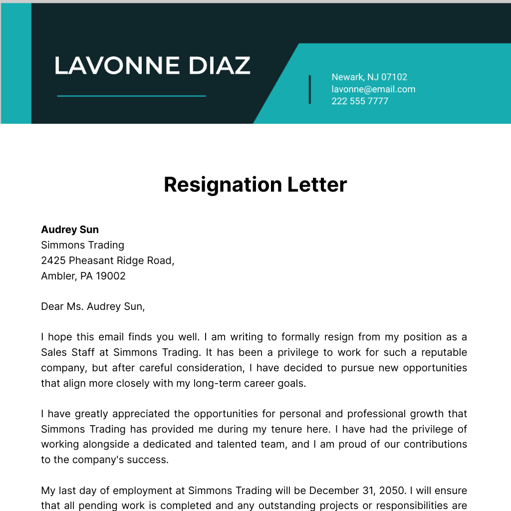Free Resignation Letter  Template