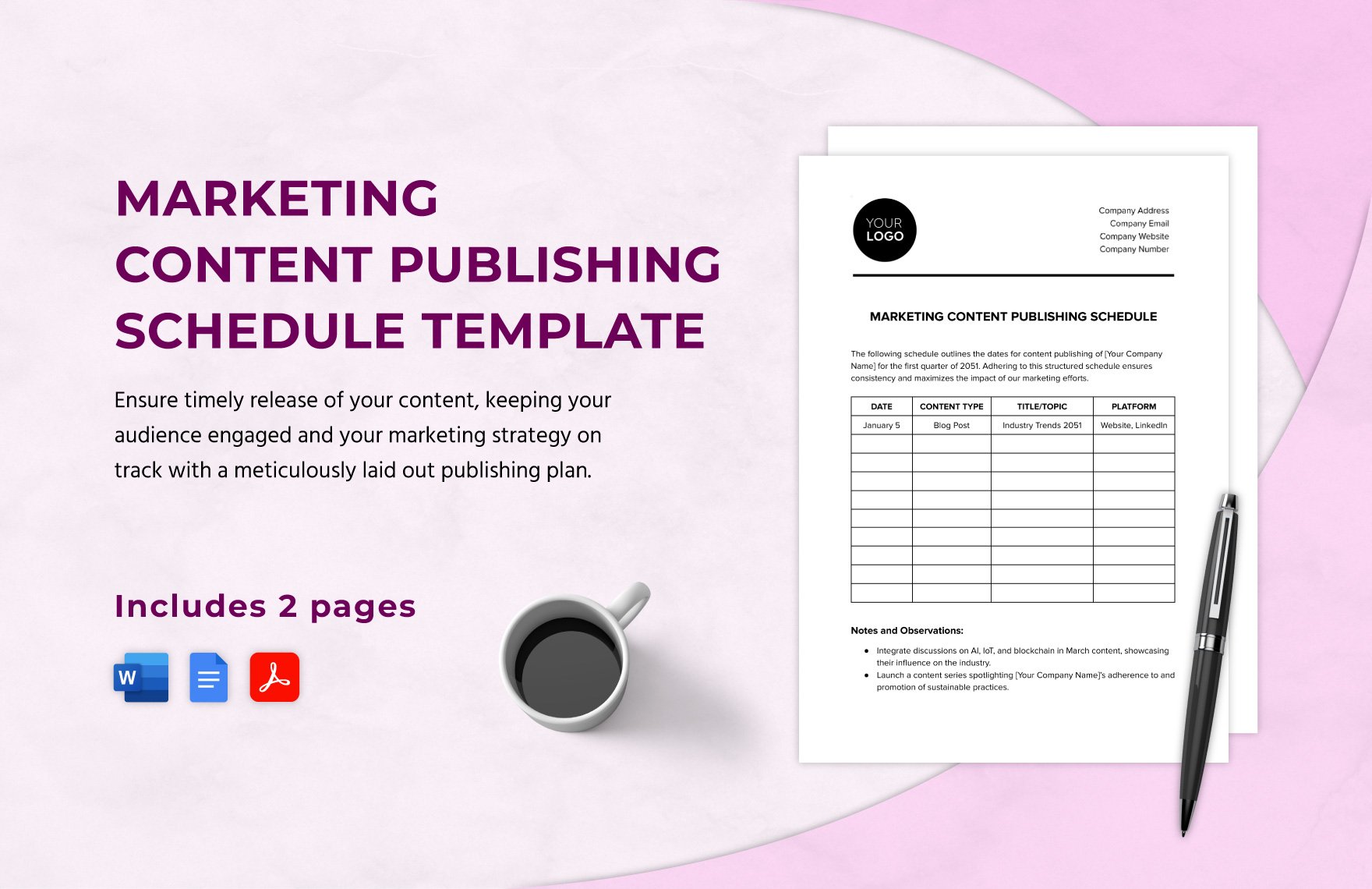 Marketing Content Publishing Schedule Template in Word, Google Docs, PDF