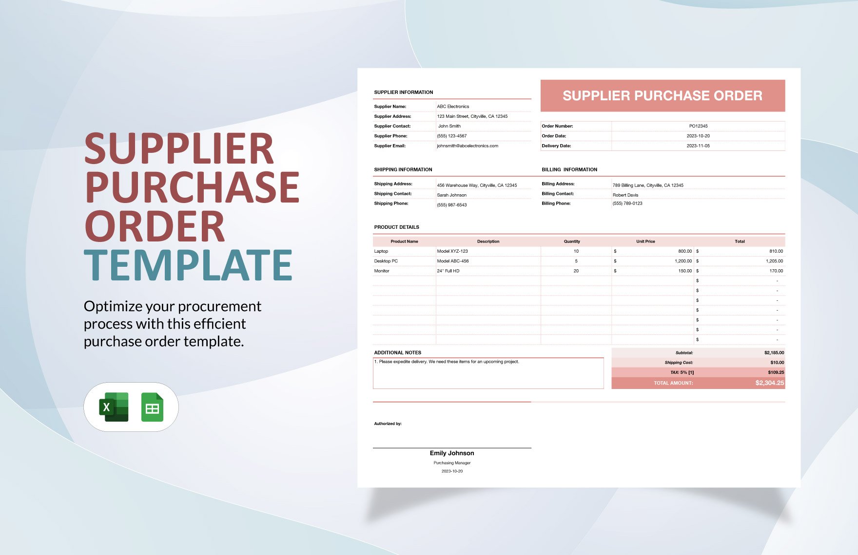 Free Supplier Purchase Order Template in Excel, Google Sheets